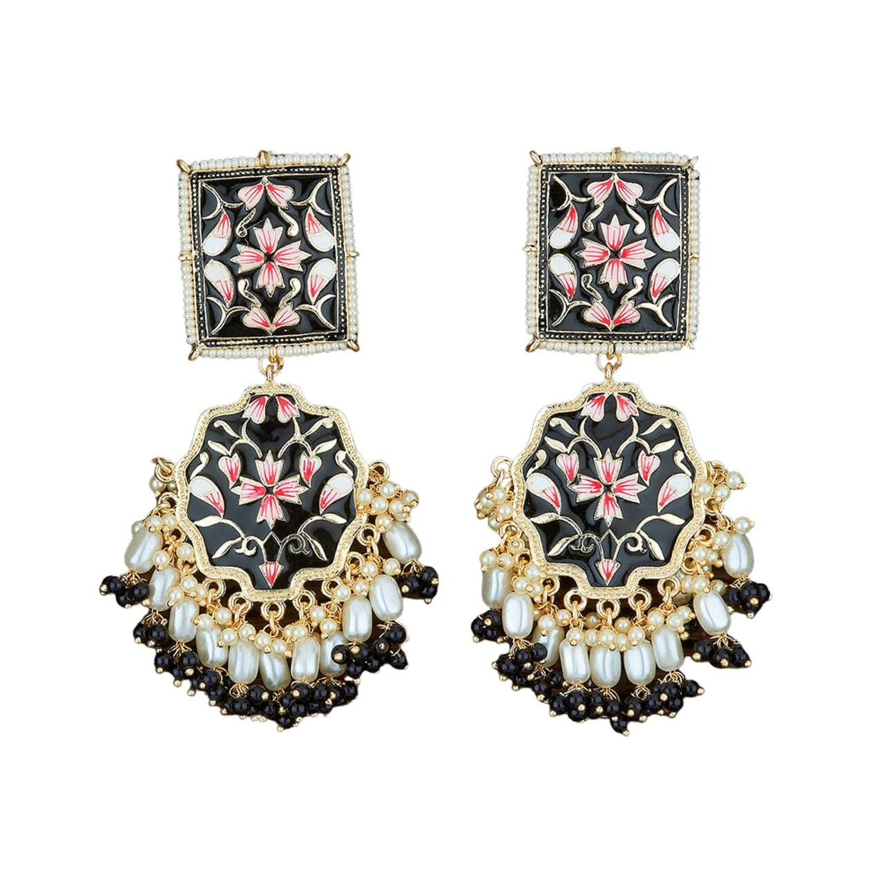 Oversized Indian Jhumka Earrings – Square Stud Jhumki, Ethnic Chandbali with Floral Print & Faux Pearls – Bollywood Dangle Jewelry for Women, Bride & Birthday Gift